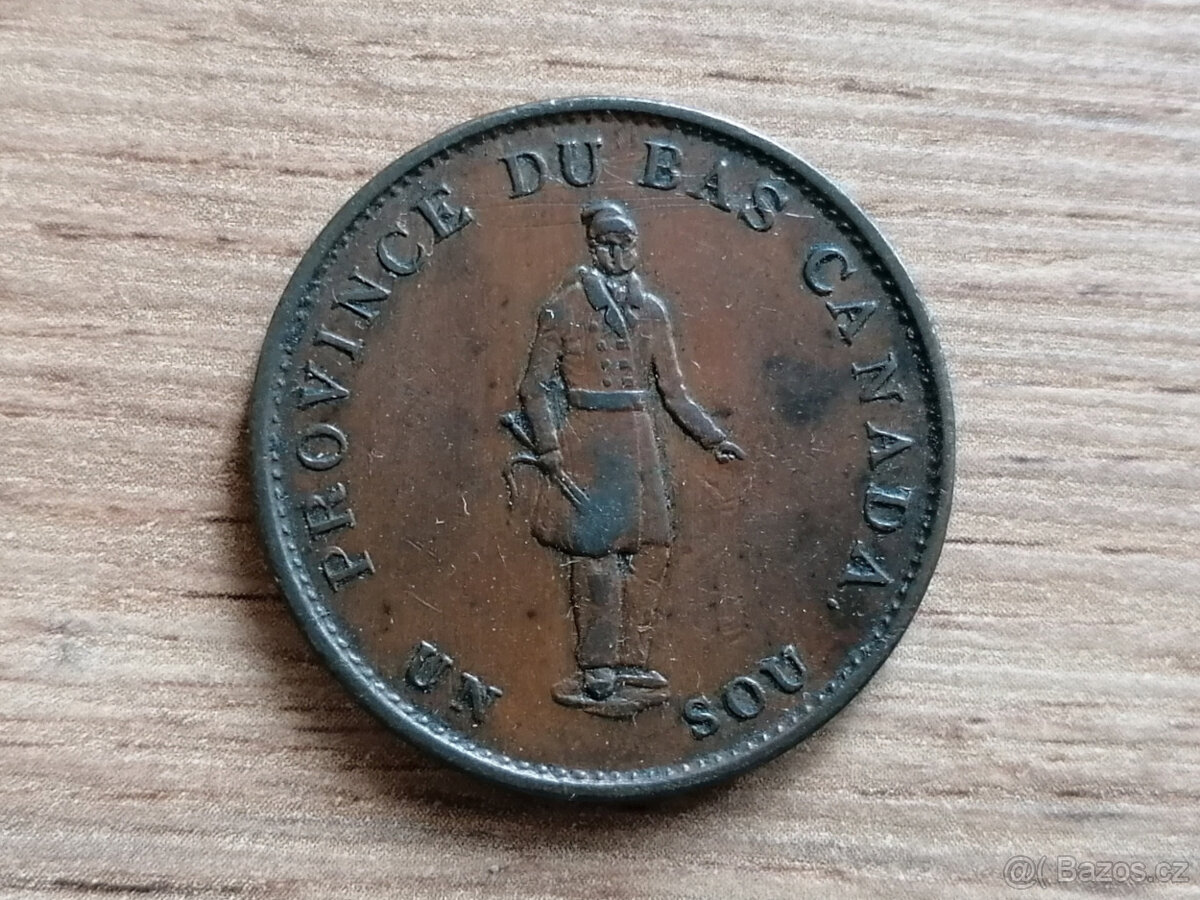 1 Sou 1837 Province Bas Canada Bank Token koloniální mince