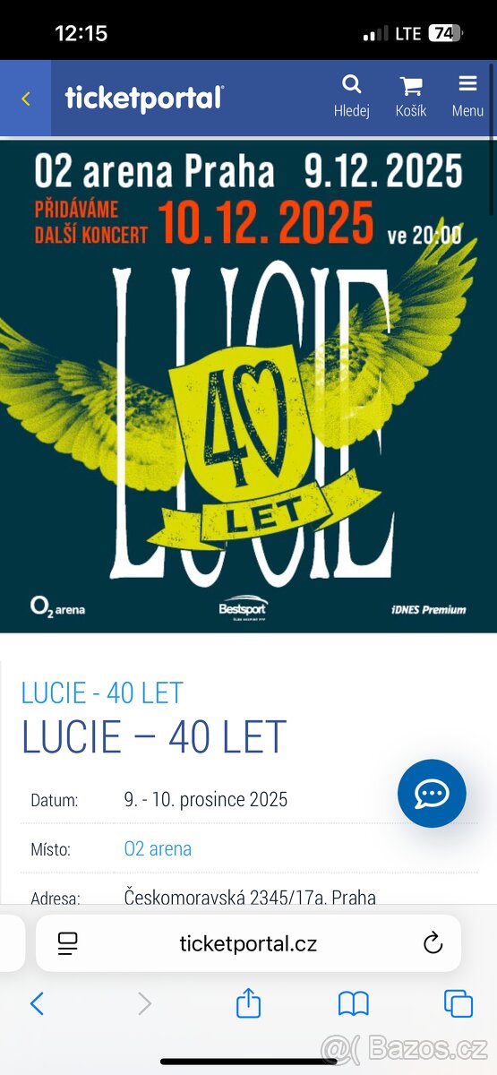 Prodám 2 vstupenky na koncert LUCIE 9.12.2025