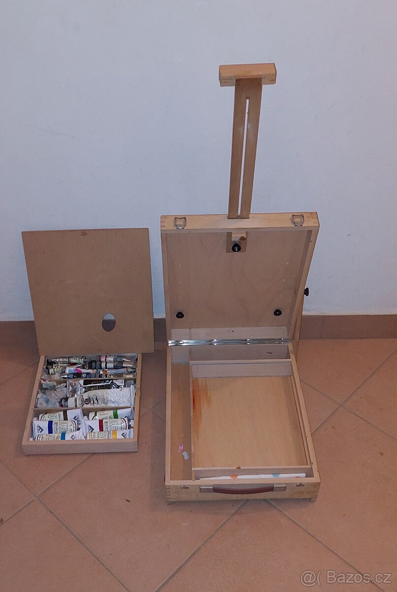 stojan na plátno-kufr + paleta, olejové barvy 23ks