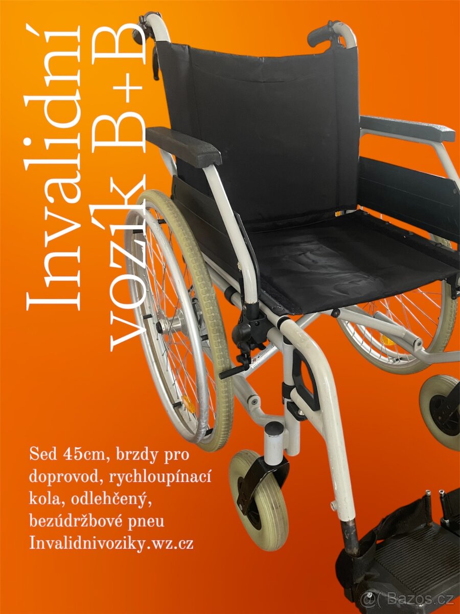 invalidní vozík b+b sed 45cm , brzdy pro doprovod