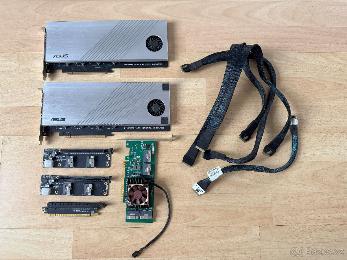 Sada PCIe adaptérů a PLX switche pro zapojení 8 NVMe.