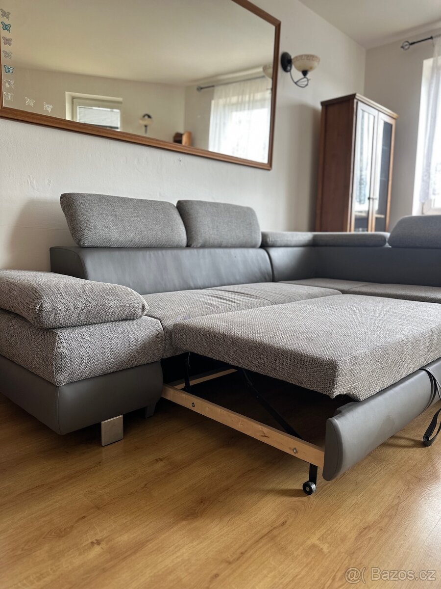 Moderní rozkládací rohová sedačka s úložným prostorem, šedá,