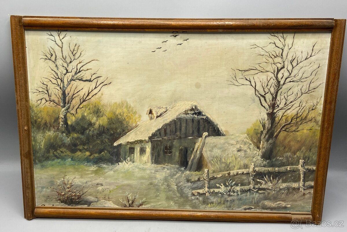 Maľovaný obraz chalúpky, rámovaný