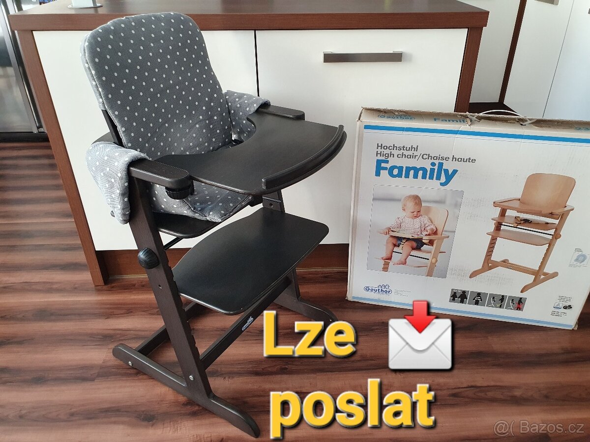 Dřevěná rostoucí židle, pult, popruhy, polstrování