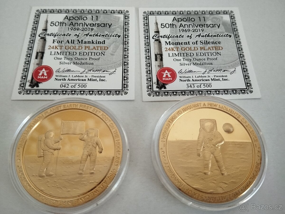 2x 1oz pozlacená stříbrná mince 50- výročí přistání na měsíc