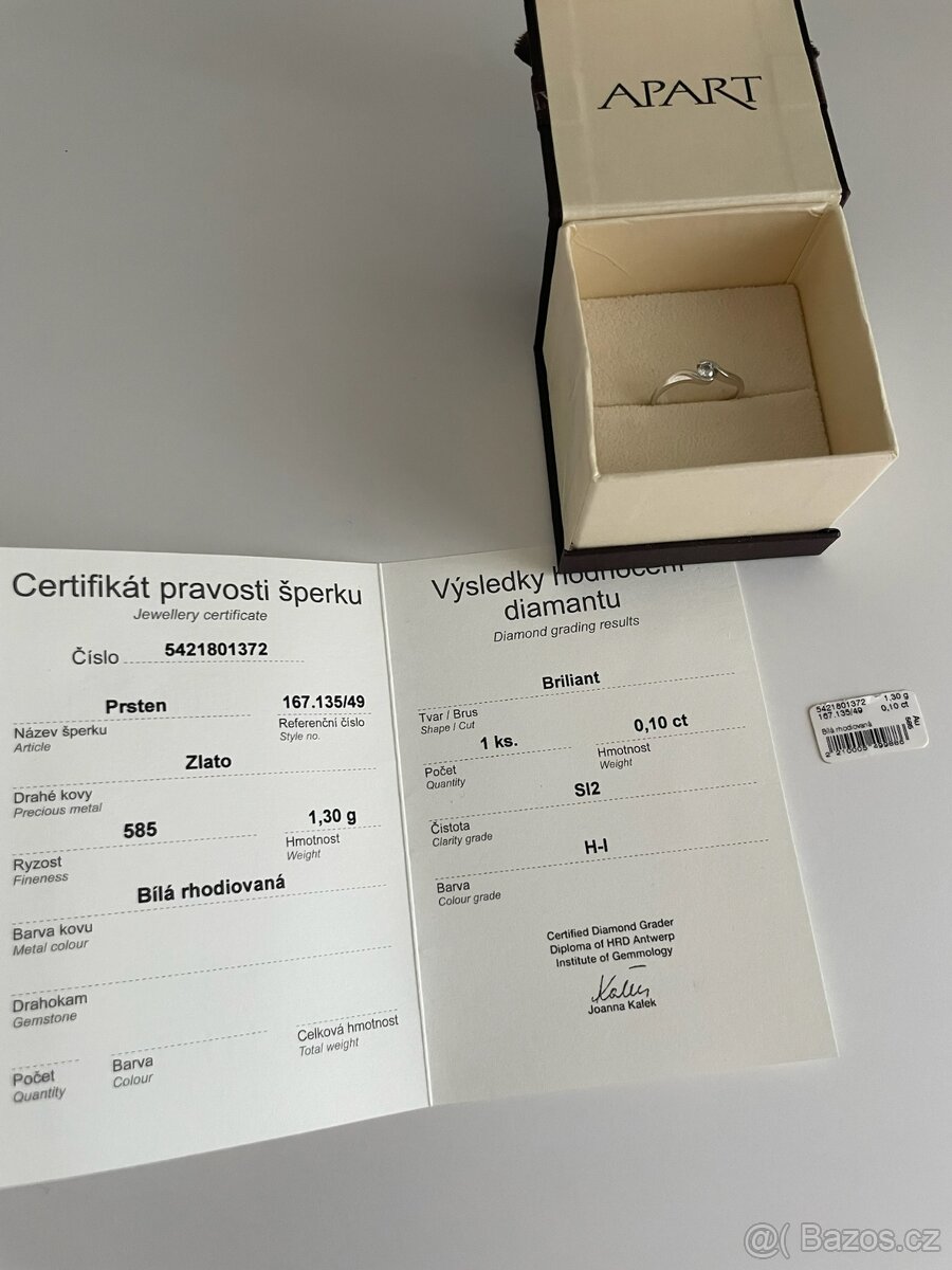 Zásnubní, diamantový prsten, s certifikátem pravosti