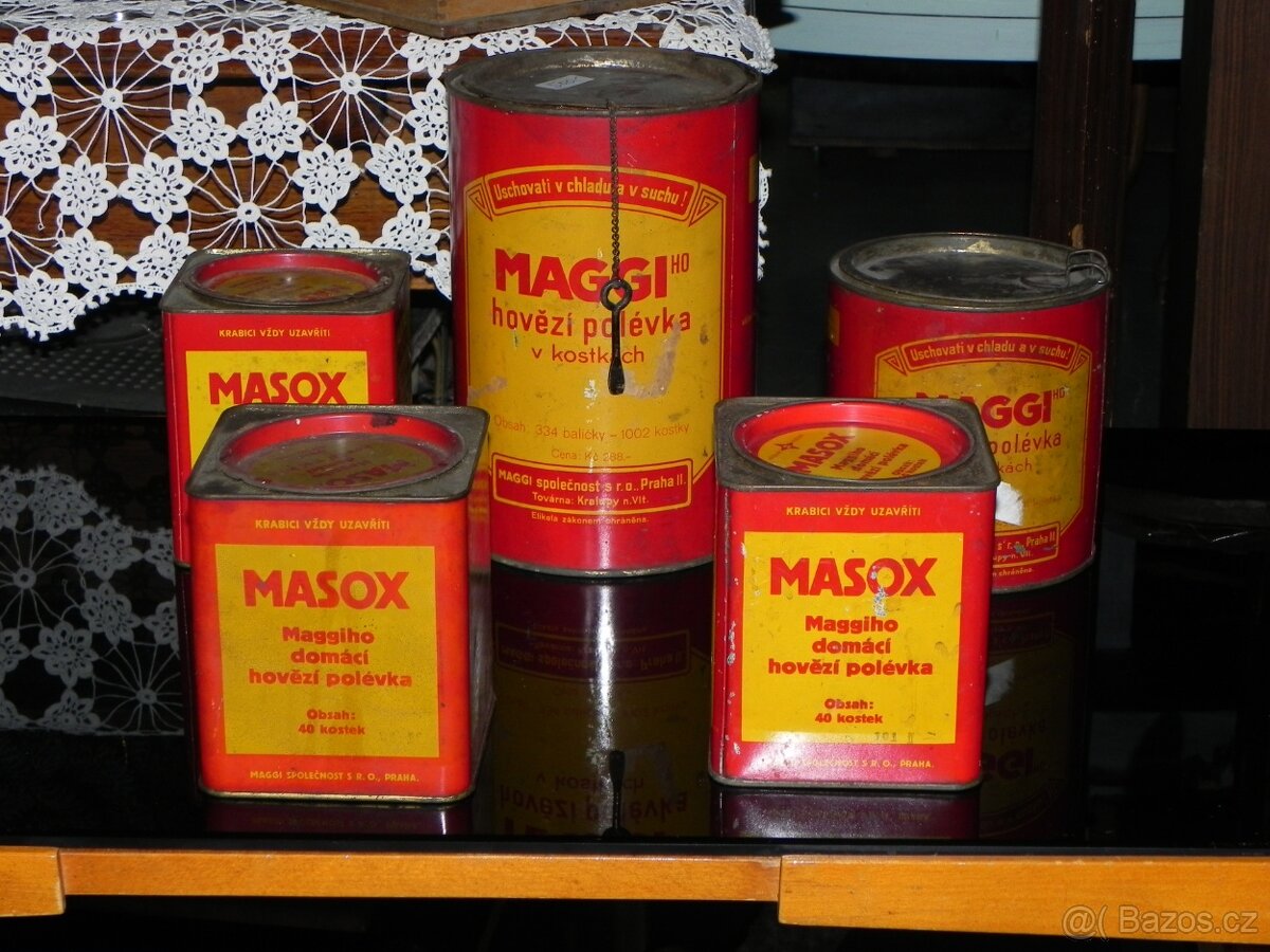 Staré reklamní plechovky MAGGI, MASOX