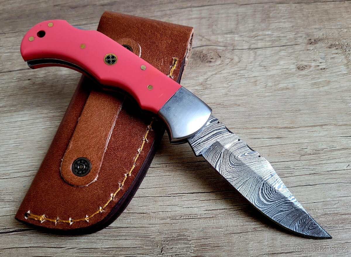 růžový Damaškový nůž CLASSIC 16,5cm, ručně vyroben + pouzdro