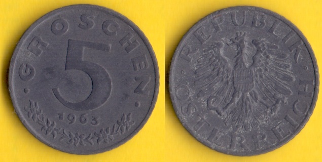 Mince Rakousko 5 groschen 1963 zinek