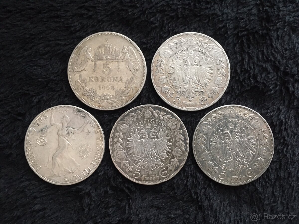 5 kusů stříbrných 5 korun RU F.J.I., každá mince jiná