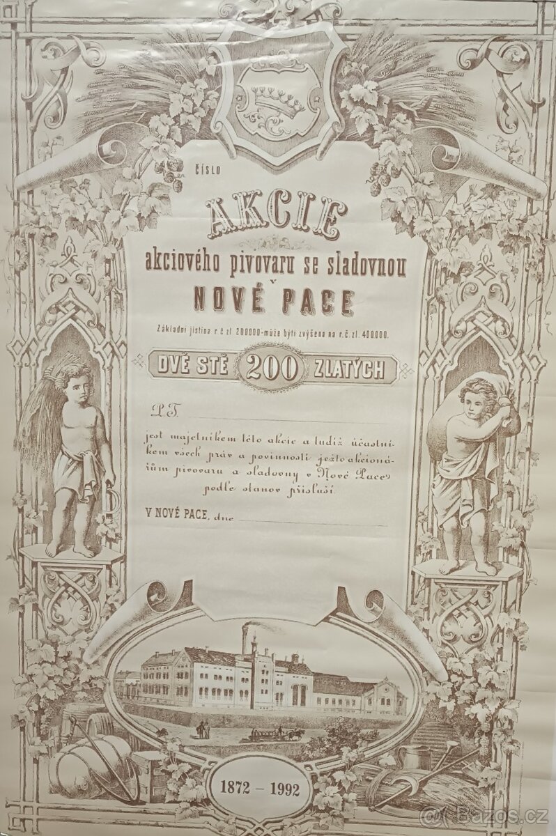 Starý plakát Pivovar Nová Paka -Akcie 200 zlatých, 96 x 65 c