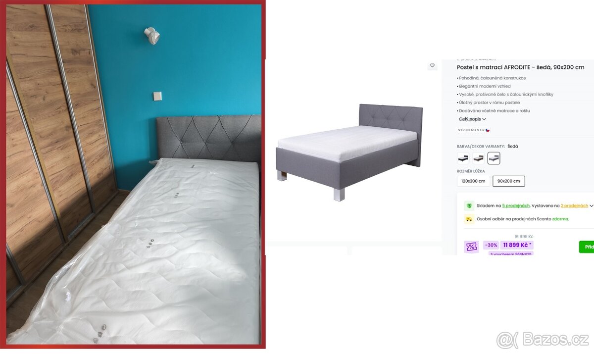 Postel s matrací AFRODITE - šedá, 90x200 cm