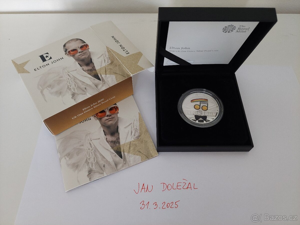 Elton John stříbrná mince 1 oz proof kolorovaná
