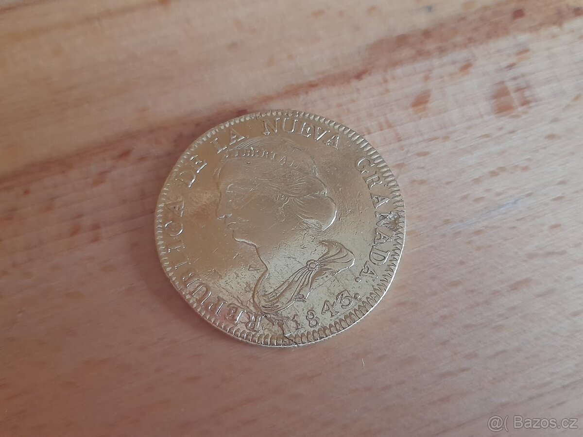 Zlatá mince, Kolumbie 16 Pesos, 27 gramů, r. 1843