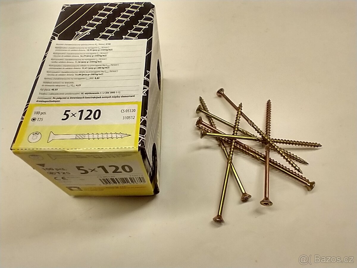 Tesařské stavební vruty 5x120 T25 zápustná hlava - 100 ks