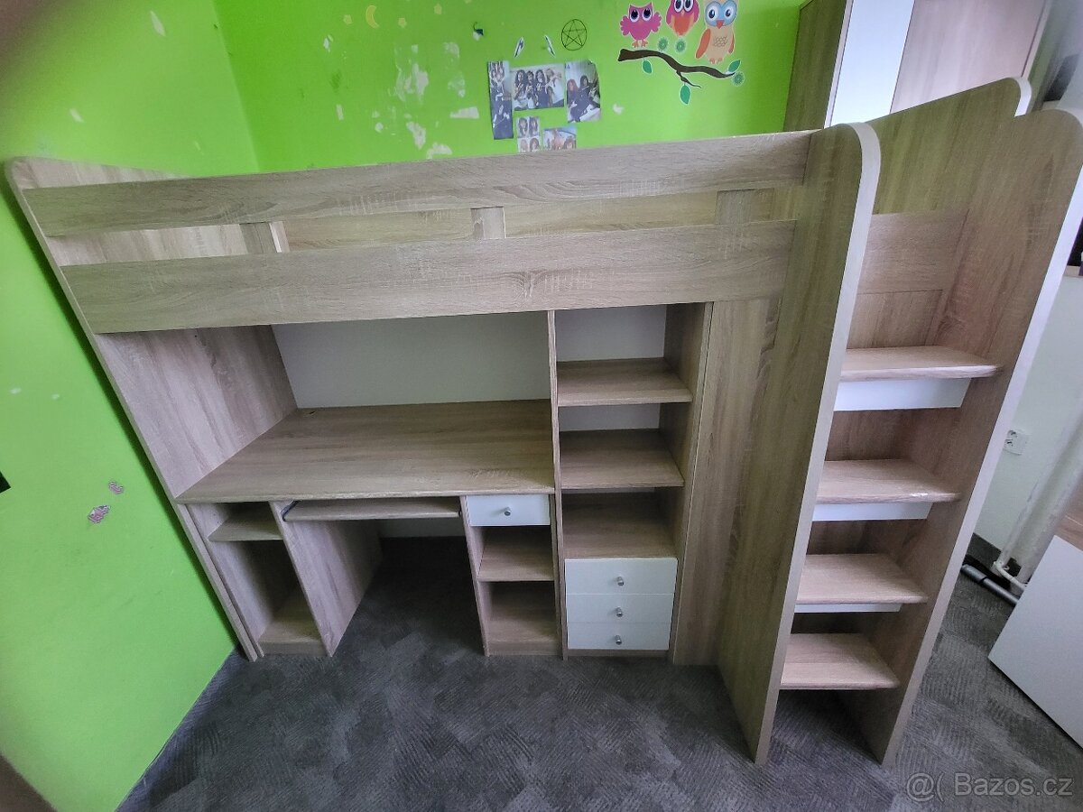 Patrová postel se stolem a skříní dekor dub