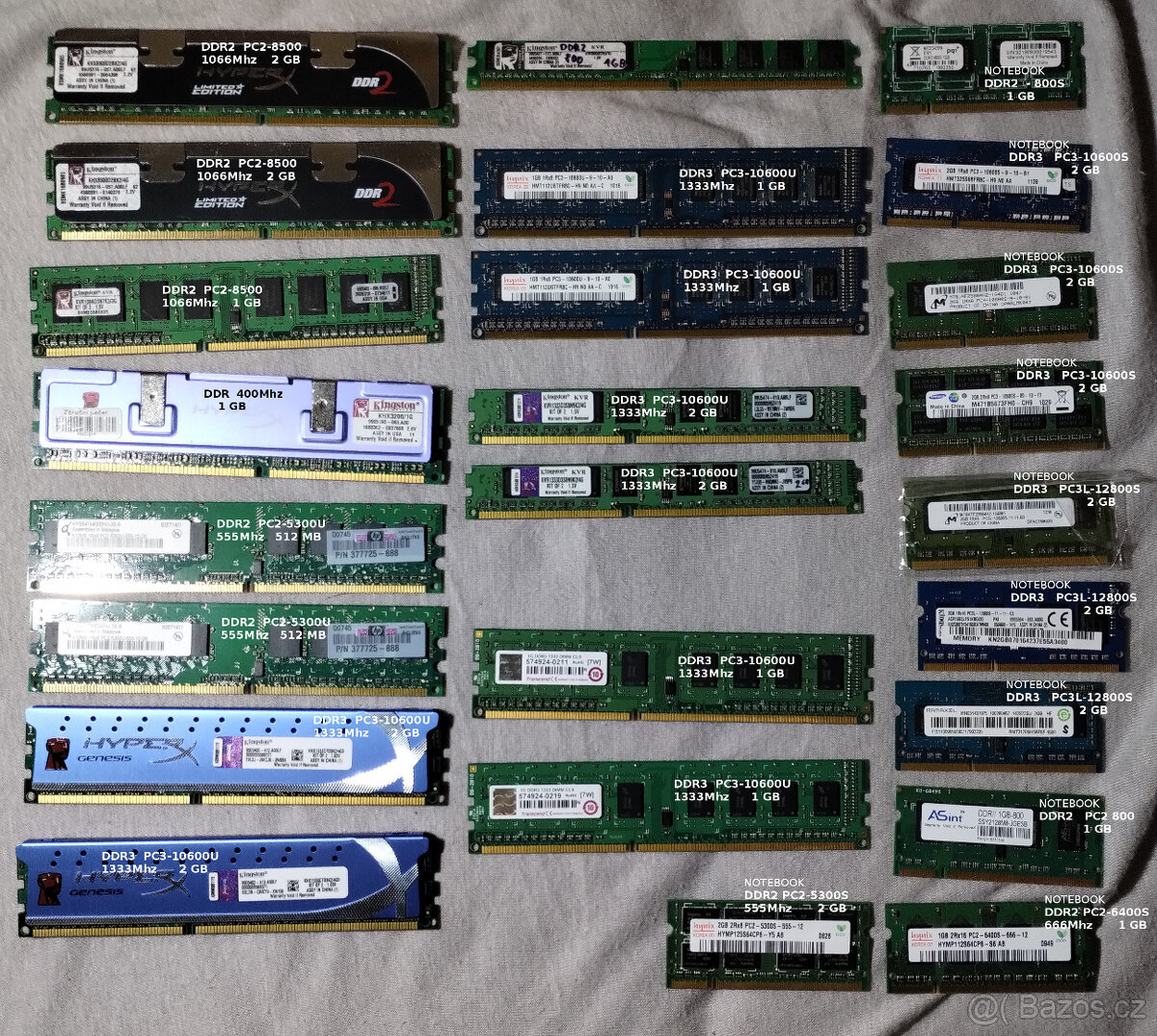 Prodám paměti DDR DDR2 DDR3 2GB 1GB 512MB do PC i notebooku