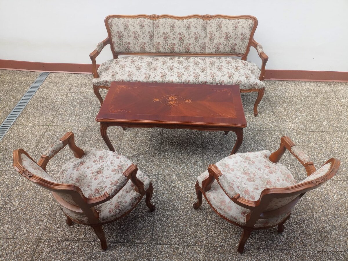 Sedací souprava, sofa, 2 křesla, stolek, baroko