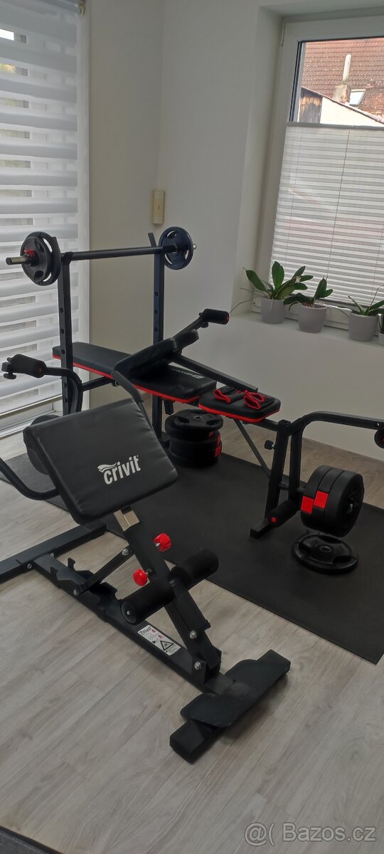 Domácí posilovna - lavice, 2x sada závaží, osa, trenažér aj
