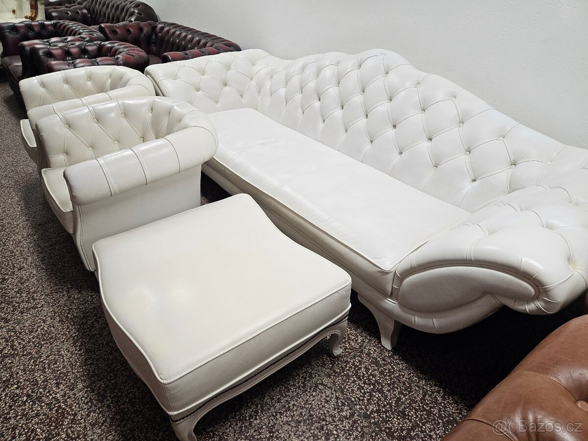CHESTERFIELD ŠTÝL,KOŽENÁ BIELA 3+1+1+TABURET