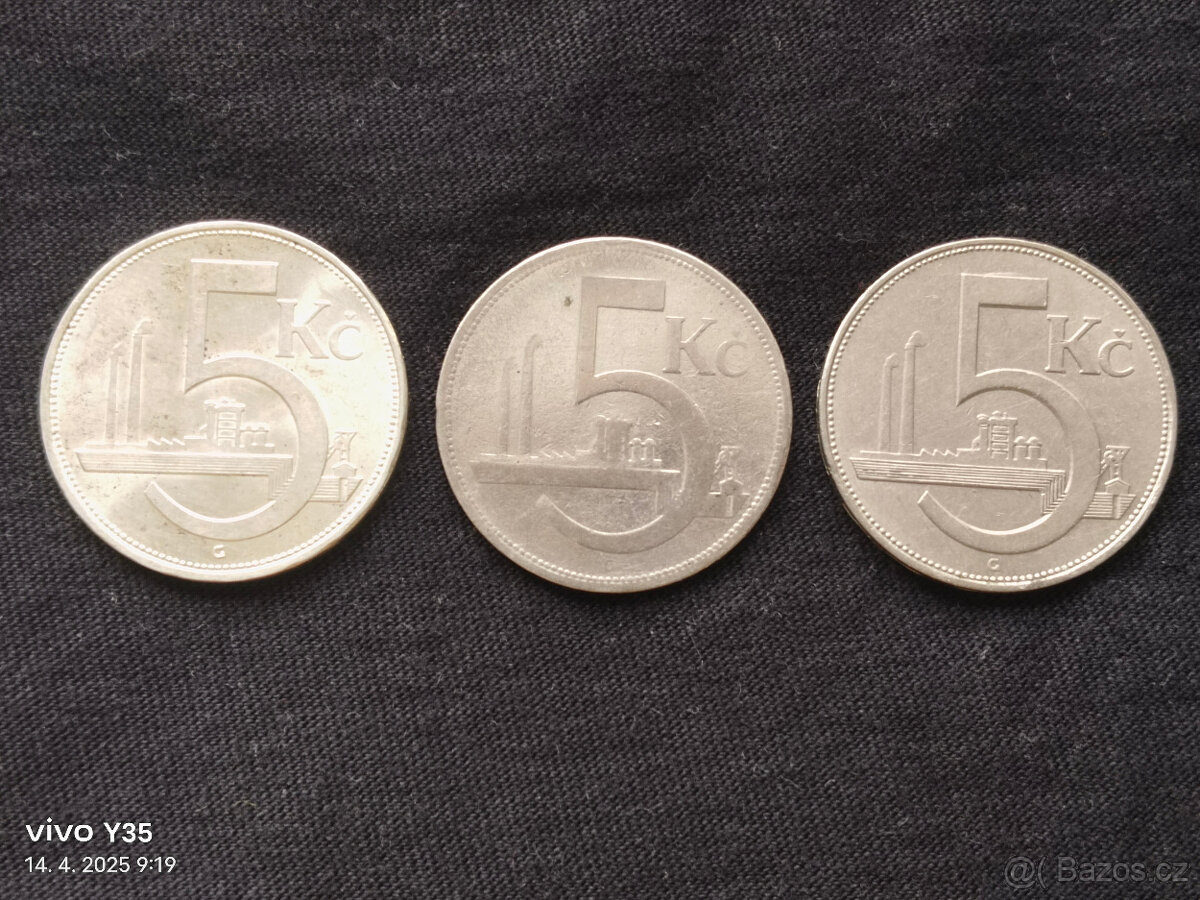 3x 5 kč 1928, 29, 38 Československo