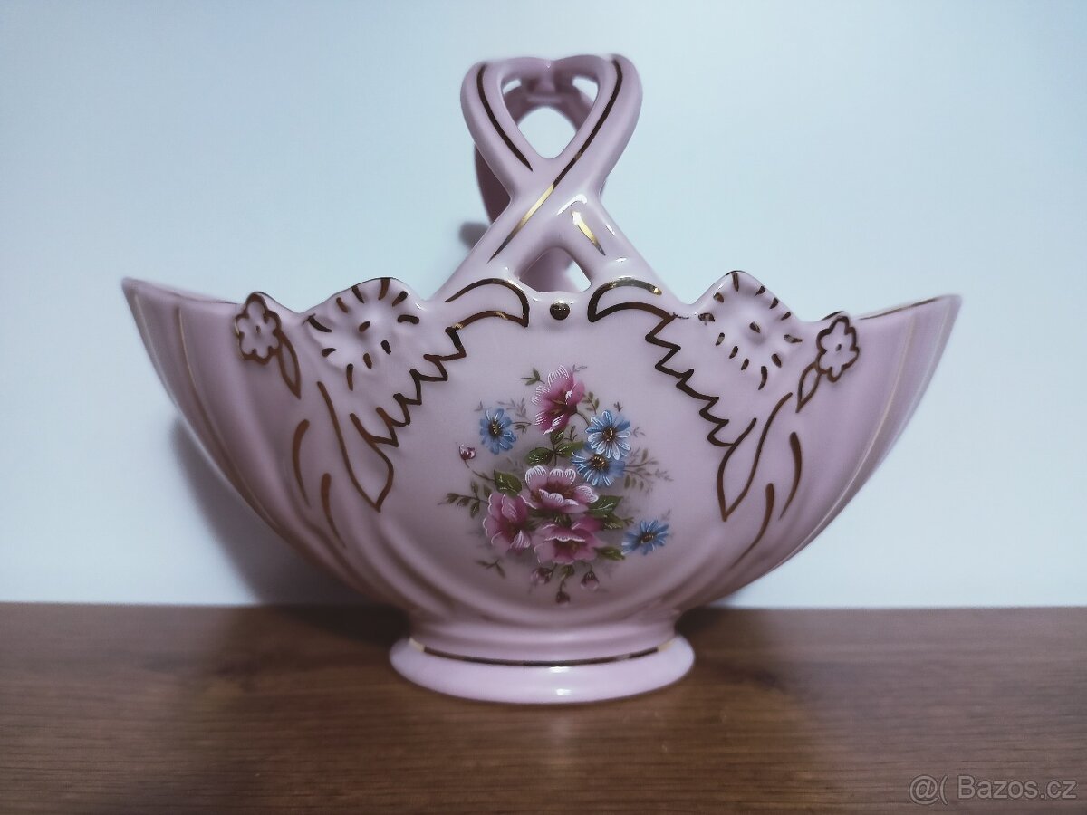 košík z růžového porcelánu 14 karát. zlato