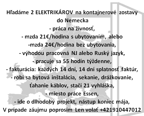 Hľadáme 2 ELEKTRIKÁROV na kontajnerové zostavy do Nemecka