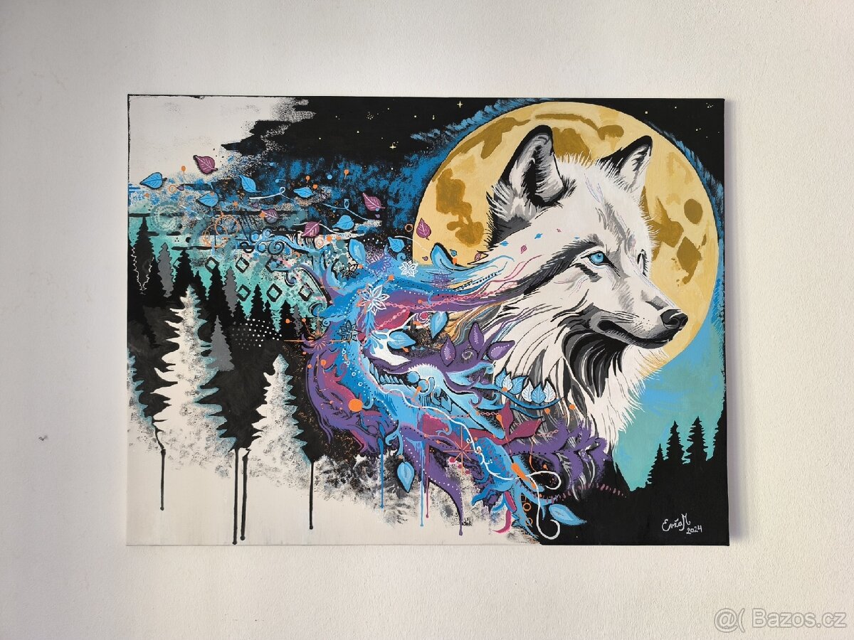 Ručně malovaný obraz vlka