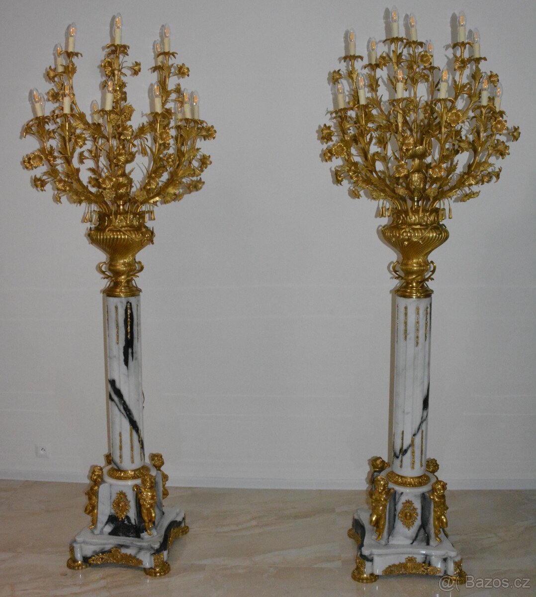 Zámecké podlahové lampy s amorky - mramor - bronz