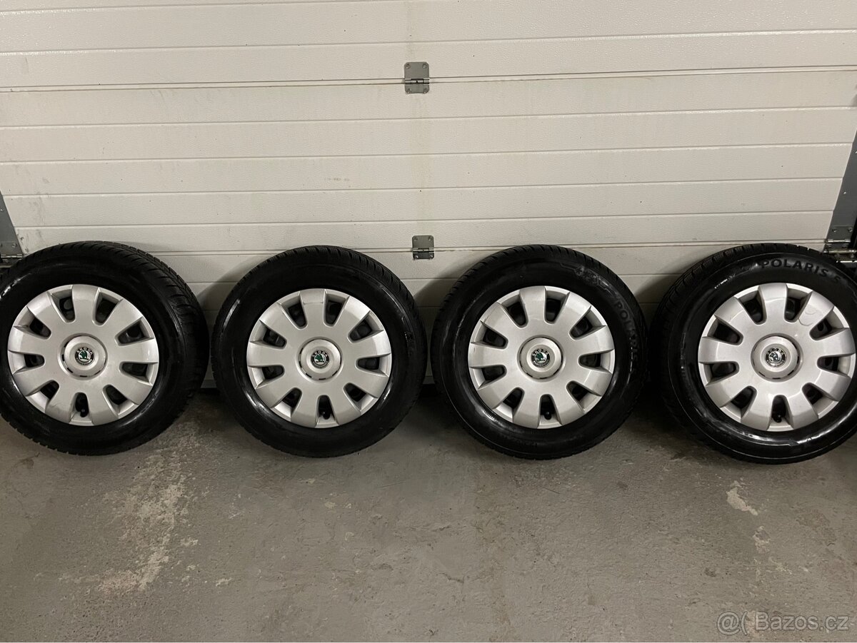 Zimní sada 15” plech disků 5x112 a ZÁNOVNÍ pneu 195/65 R15