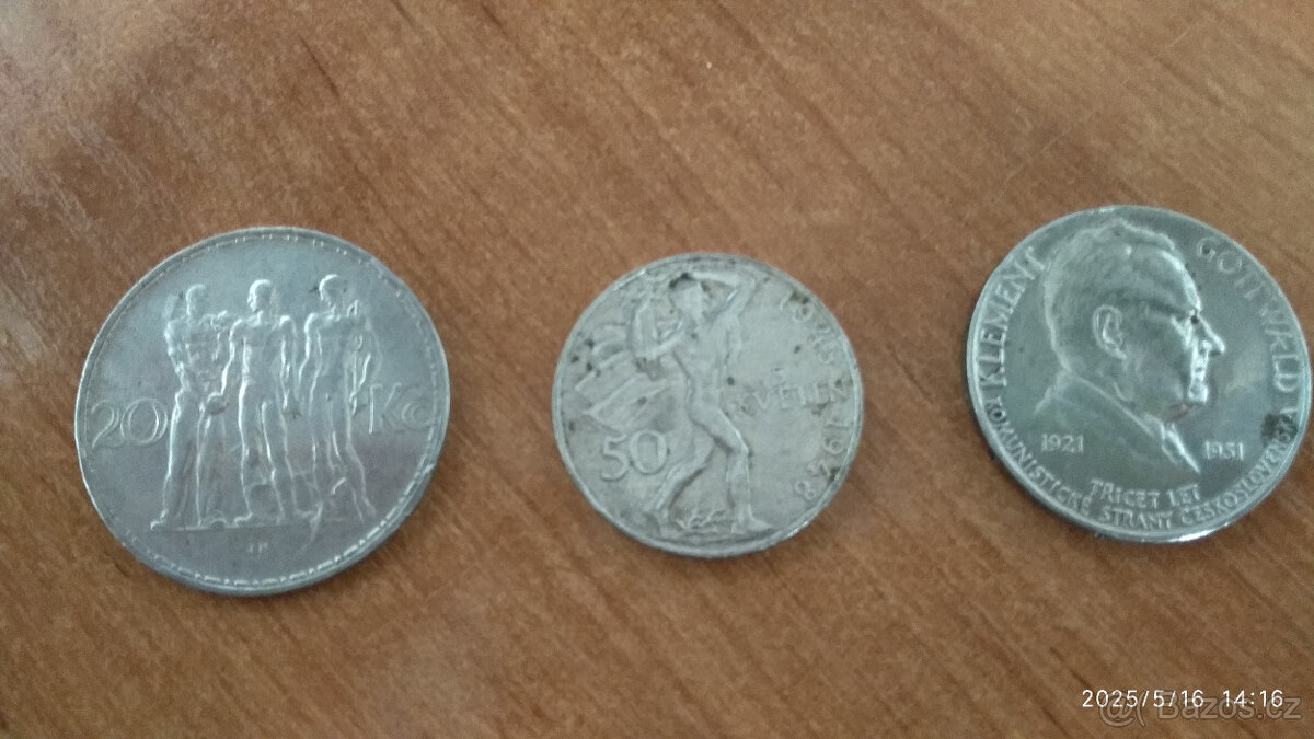 stříbrné mince 20, 50, 100 Kčs