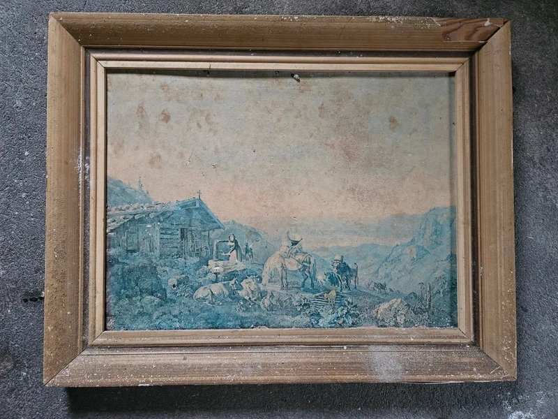 Starožitný obraz obrázek tisk farma hory 66×52 cm rozměry. O