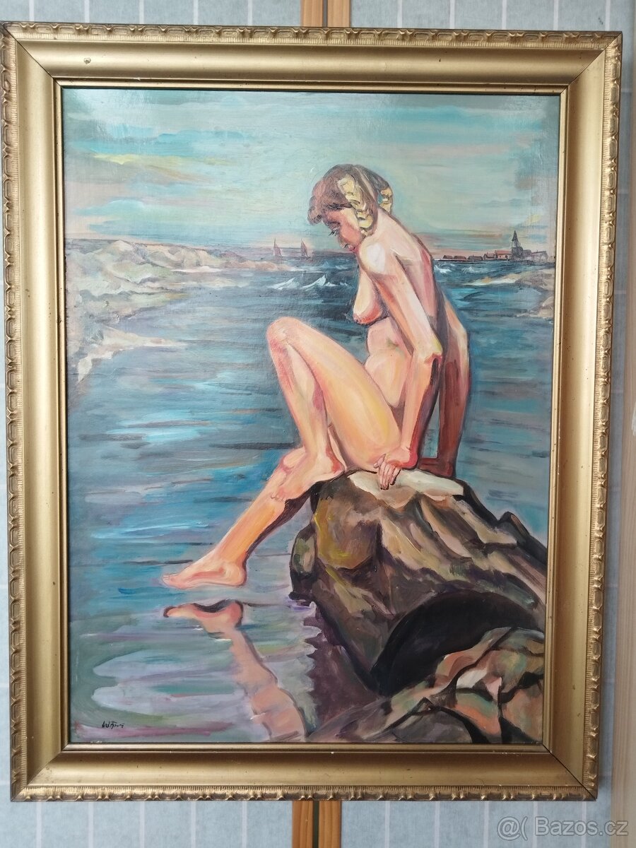 obraz - DÍVKA S COPÁNKY, akt, olej, sign. neurčena