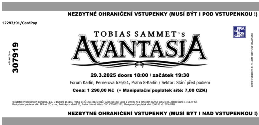 Avantasia - vyprodaný koncert 29. 3. - stání pod pódiem