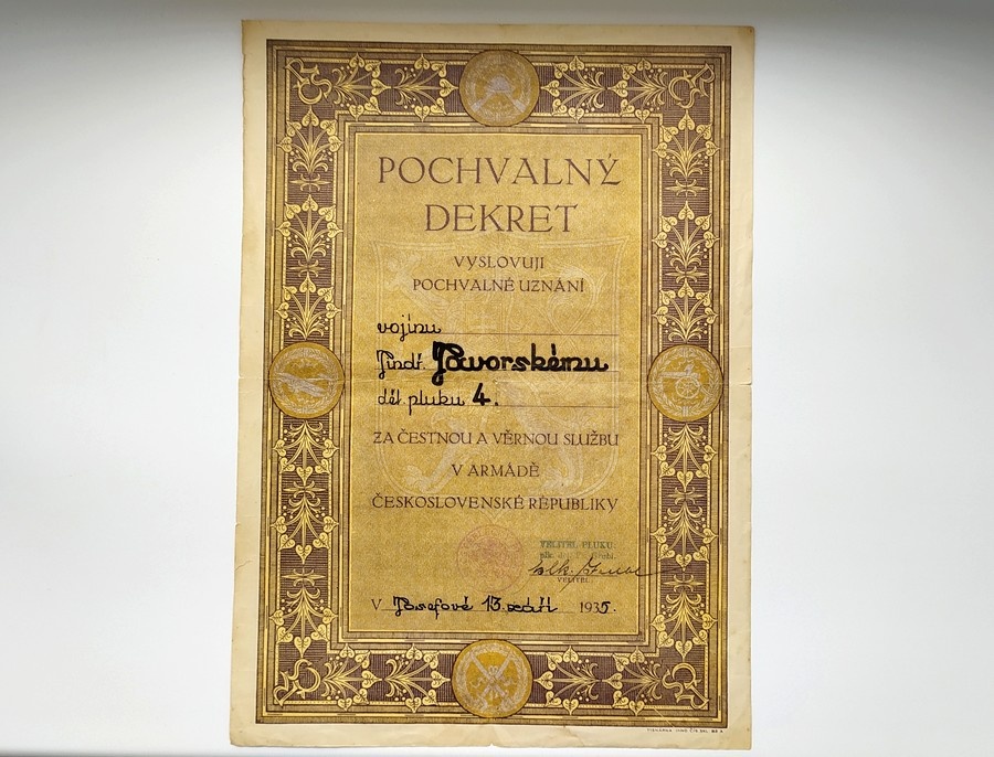 Pochvalný dekret čs. armáda 1935 Dělostřelecký pluk 4 Josefo