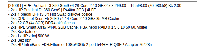 2x server HPE ProLiant DL360 Gen9 v4 28-Core 2.40 GHz2