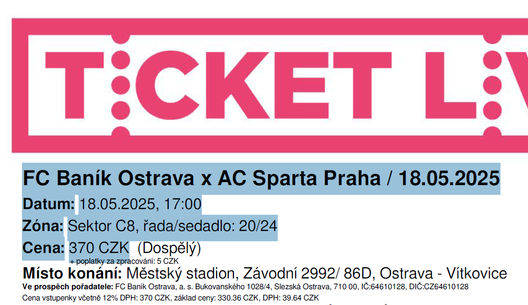 1 lístok na Baník - Sparta, 18.05.2025, 17:00, C8, 20. rada