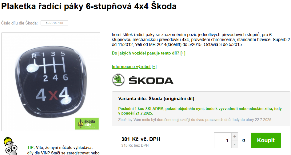 Plaketka řadící páky Škoda 4x4