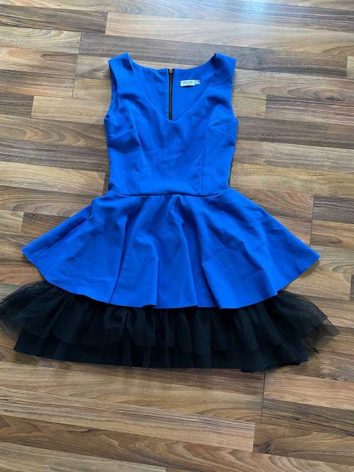 Nové modré šaty s černým volánem, vel XS a možní i XXS, Duet