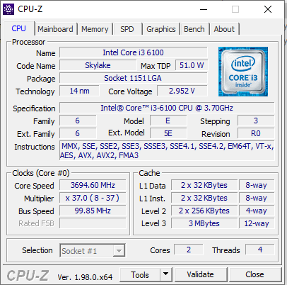 Intel Core i3 6100 3,7Ghz Skylake Socket 1151