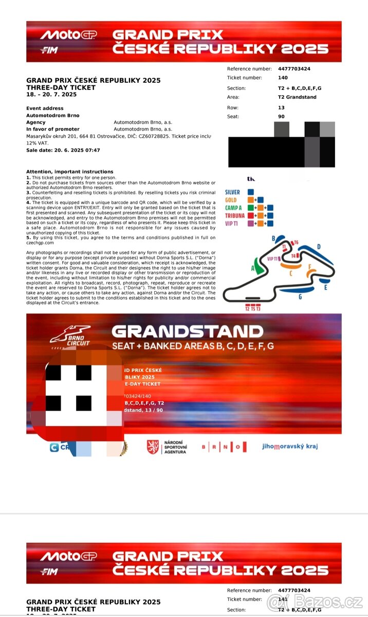 2x třídenní vstupenka Moto GP Brno T2 Grandstand