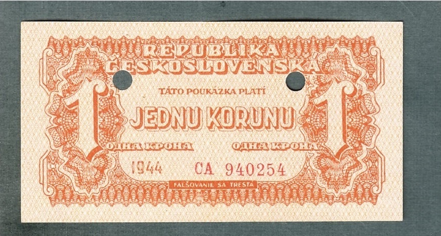Staré bankovky 1 koruna 1944 VZÁCNÁ perforace, bezvadný stav