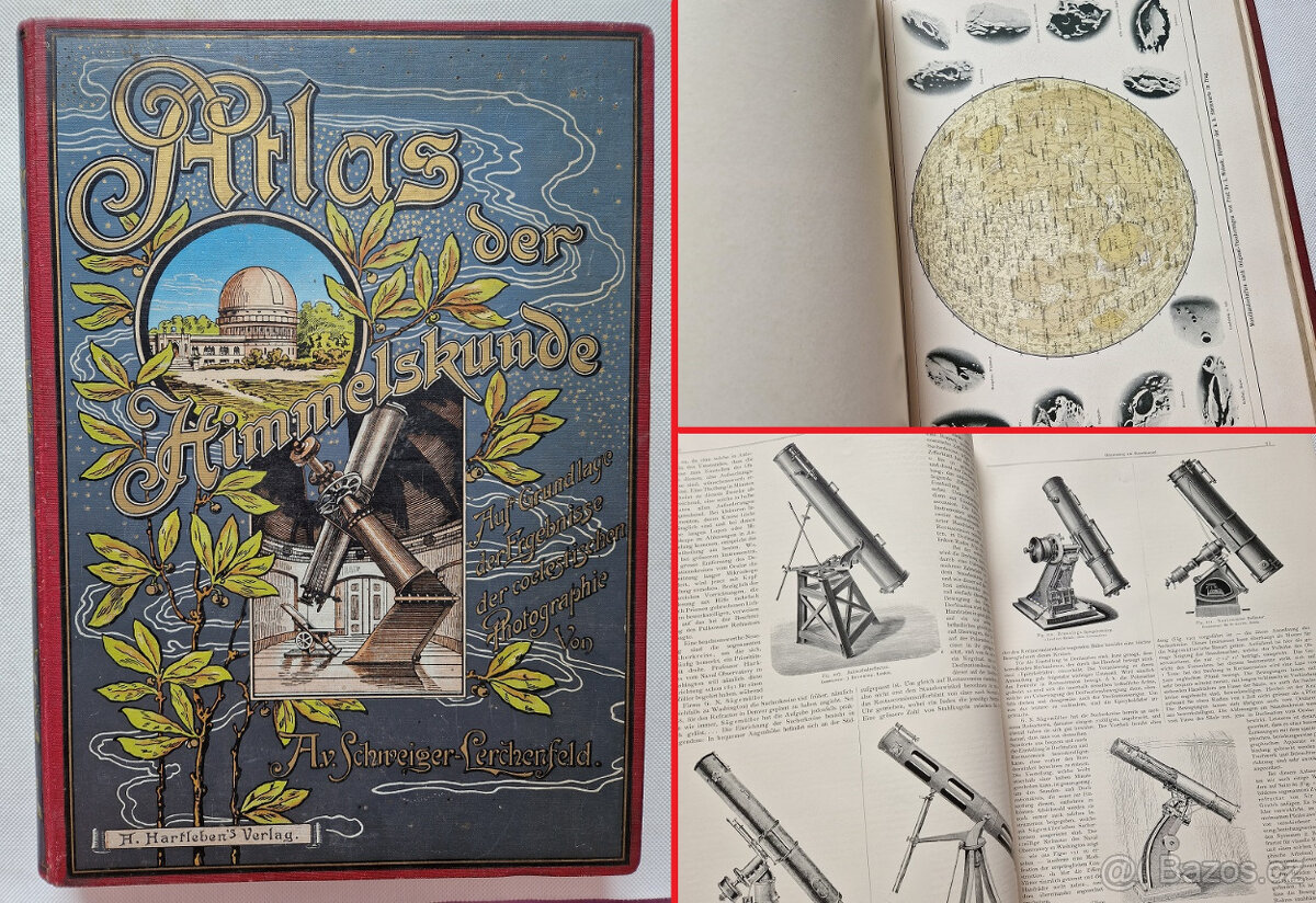 Starožitný atlas astronomie 1898 hvězdářství mapy teleskop