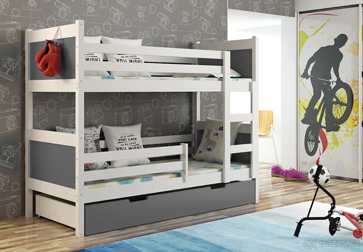 NOVÁ Patrová postel palanda bílá grafit MASIV