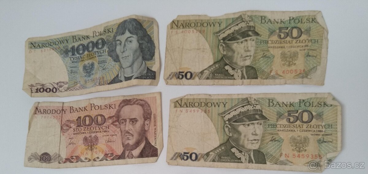 Polské Zloté - bankovky z minulé éry: 1000,100 a 2x50