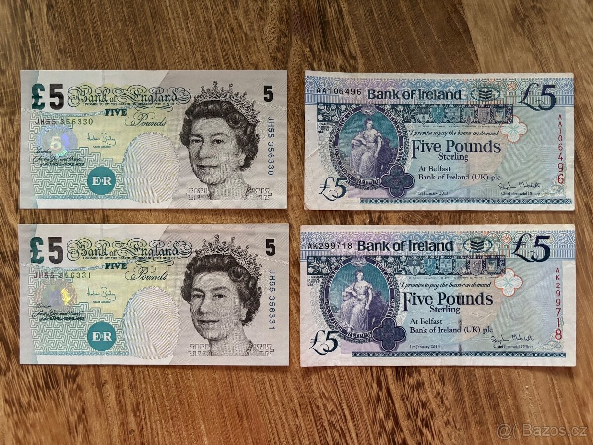 Bankovky 5 liber - Bank of England, Bank of Ireland