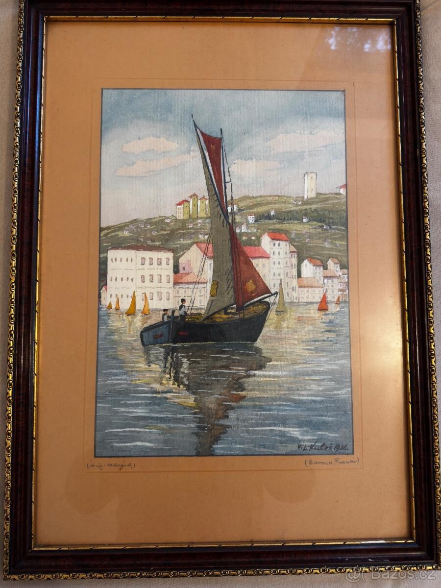 Obraz – plachetnice v přístavu, signováno F. L. Kubes 1936