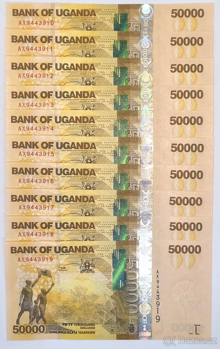 10 ks bankovek 50,000 Ugandských Šilinků, nepoužitých , UNC