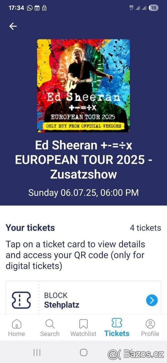 2x stání a 2x sezení Ed Sheeran koncert Hamburk 6.7.2025