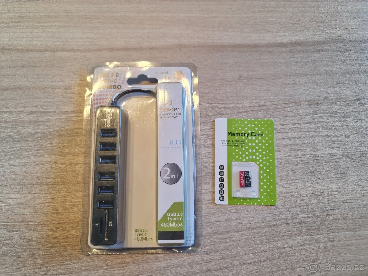 Čtečka karet / USB hub + 64Gb microSD karta nové